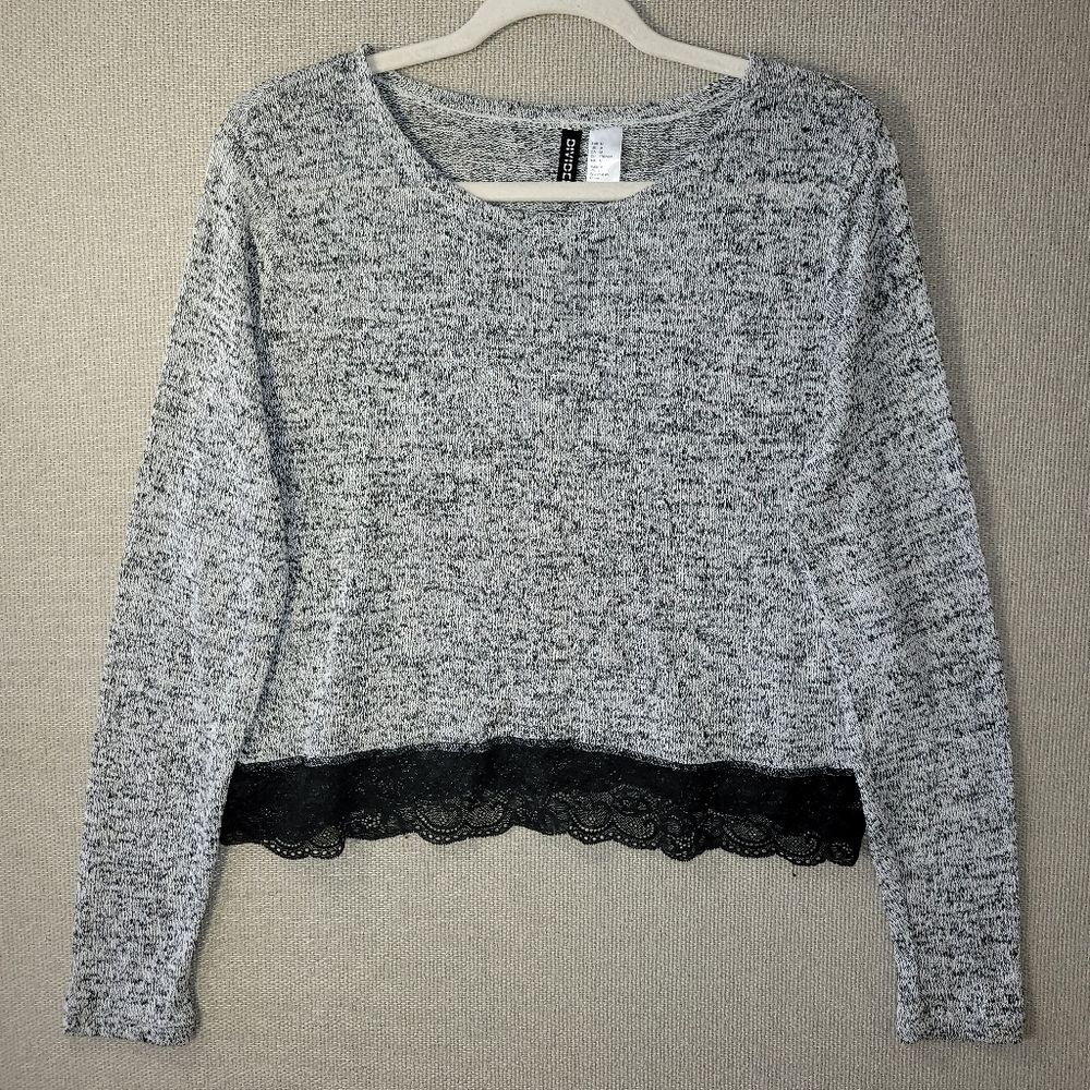 Divided Size Medium Gray Long Sleeve Top with Black Lace Trim